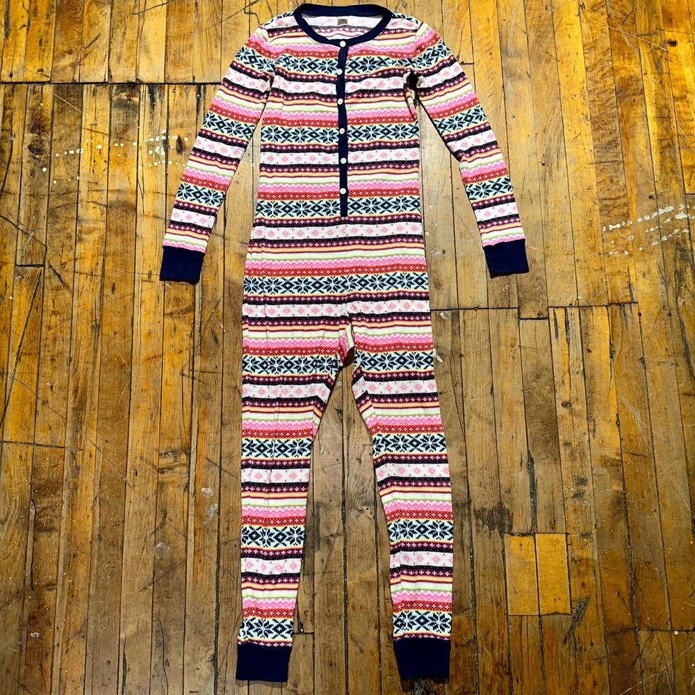 Old Navy One-Piece Pajama Womens XS Multi Fair Isle Waffle Knit‎ Long Sleeve